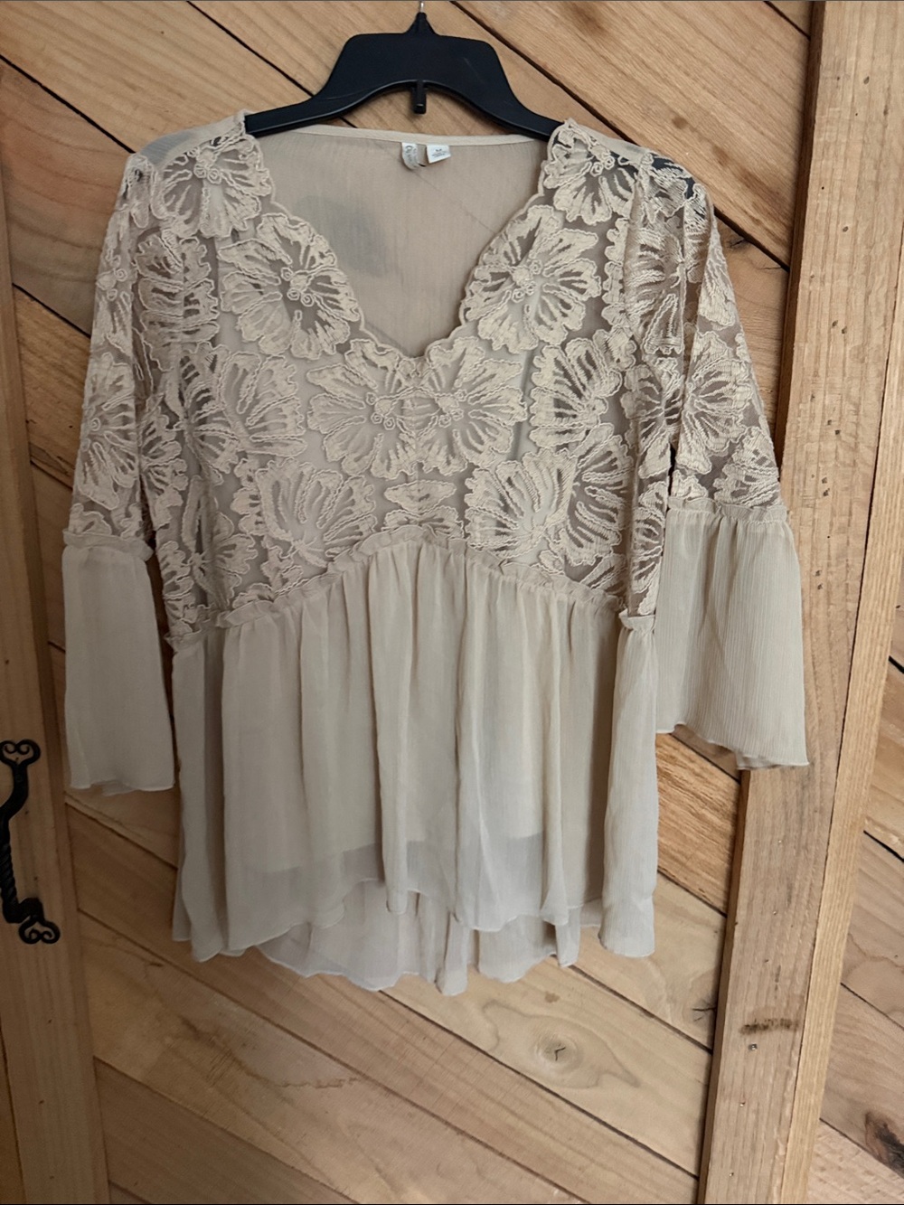 Cato Beige Floral Lace Peasant Blouse with camisole underneath